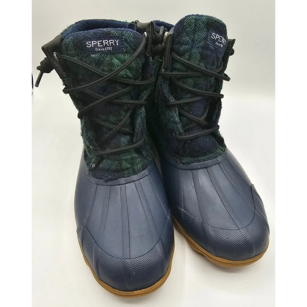 Sperry Womens Saltwater Duck Boots 9M Blue Green Plaid Wool‎ Quilted Preppy